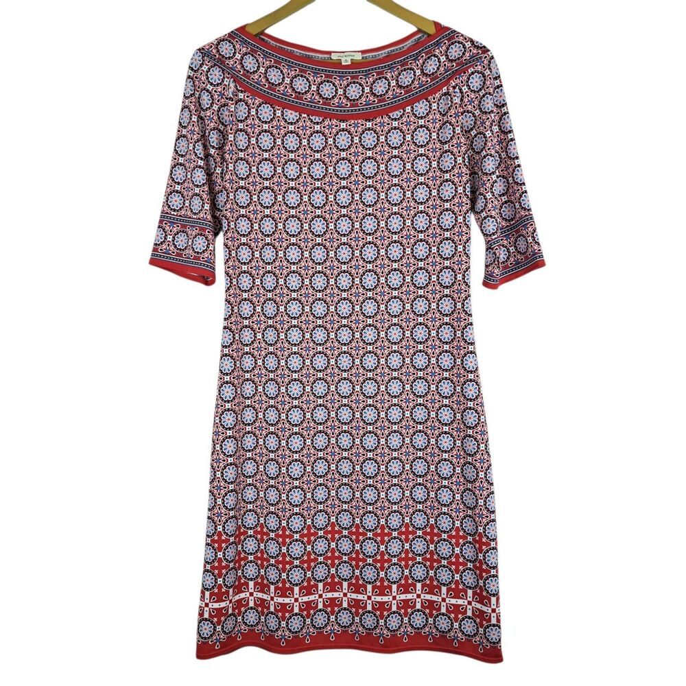 Max Studio Shift Dress Floral Mandala Pattern Boat Neck Boho 3/4 sleeve Red Sz M